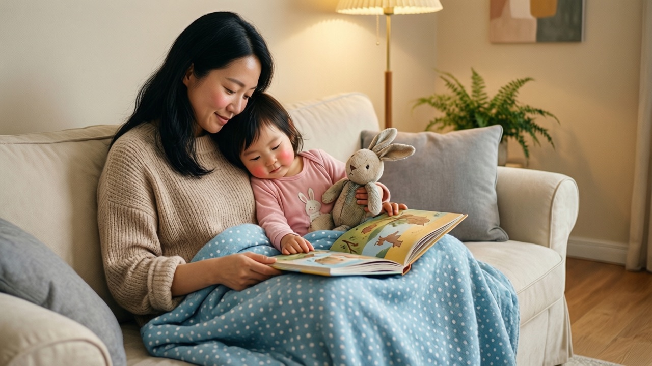 妈妈和孩子裹着毯子在沙发上一起读绘本